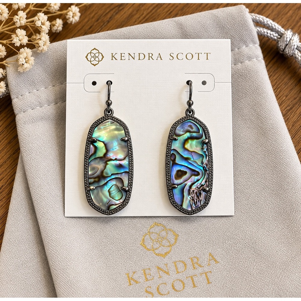 Kendra Scott Elle Drop Earrings Abalone Shell Gunmetal Gray Iridescent Oval NWOT